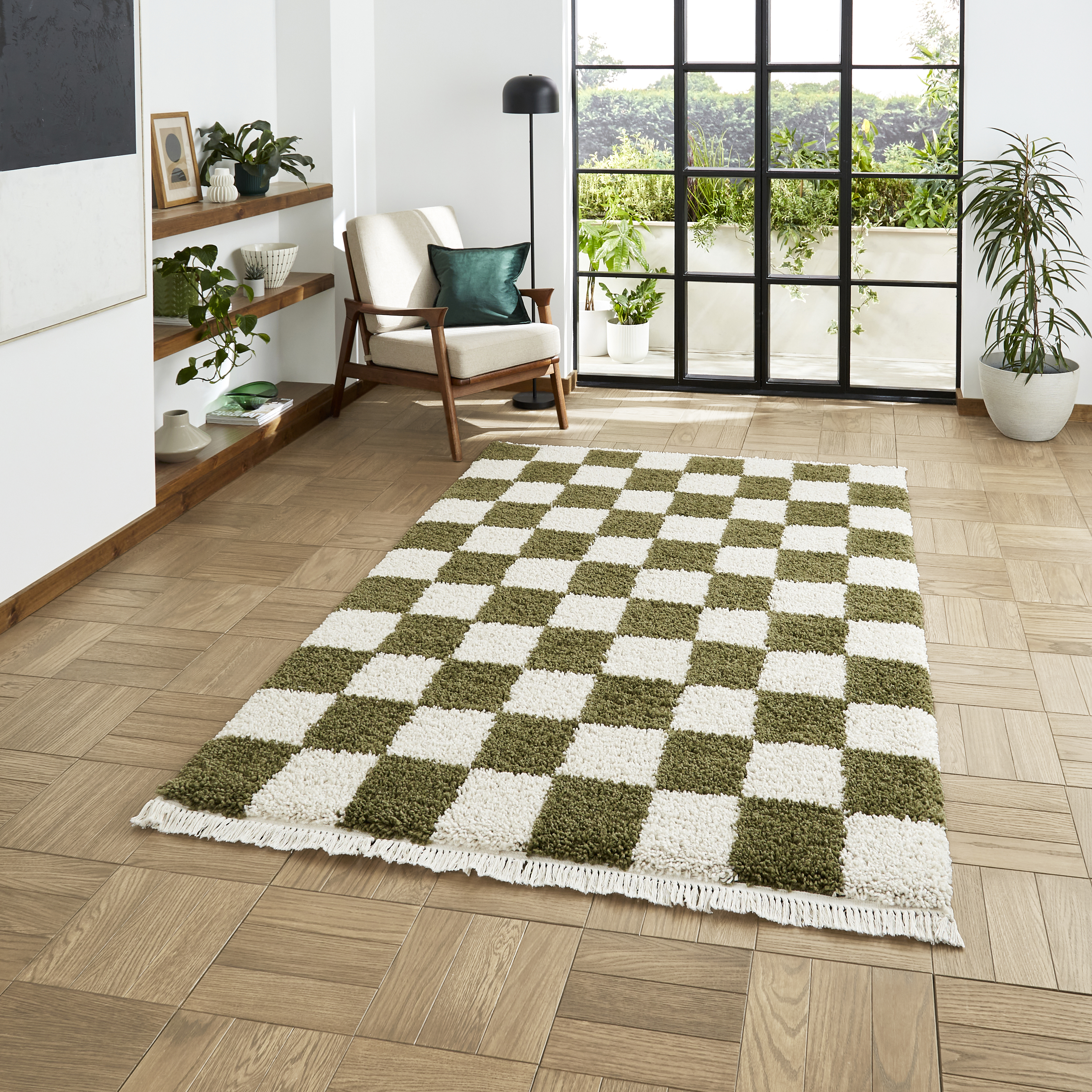 Boho 9433 Checkerboard Shaggy Modern Rugs In Green